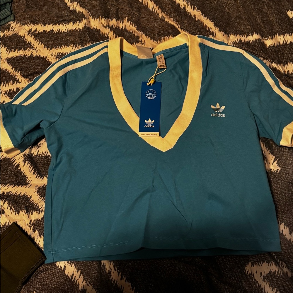 Adidas Teal and Cream V-Neck Tee